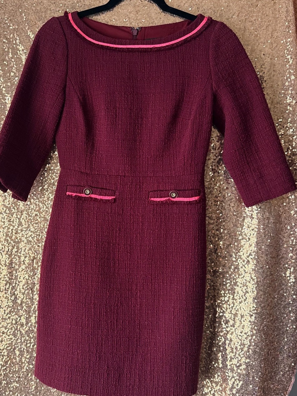 JCREW Classic Textured Sheath Dress in Wine with Pink Trim